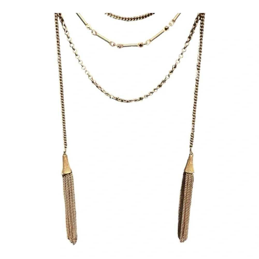 Plunder Gold Tone Ladder Tassel Necklace Structured Simple Classic Lightweight - Picture 3 of 4